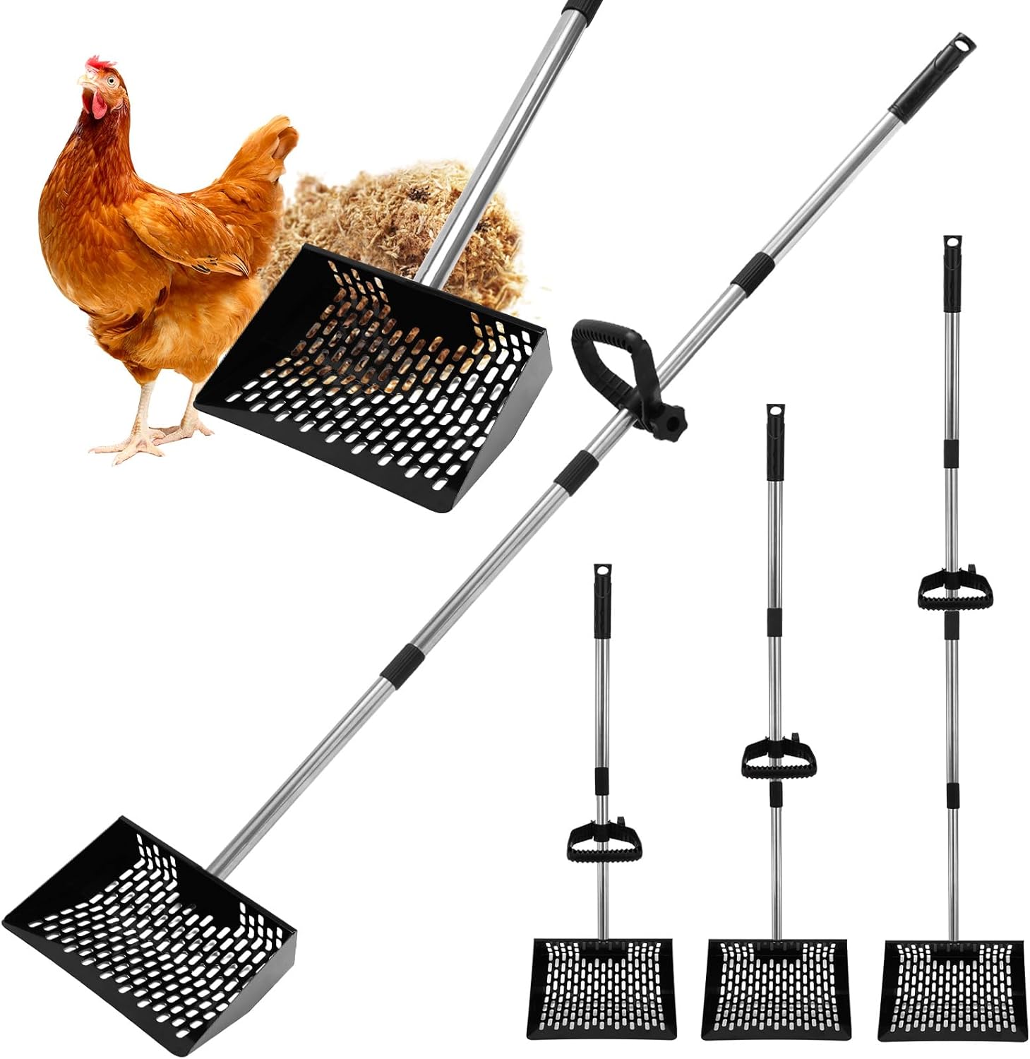 Chicken Poop Scooper and Rack 2-in-1 10'' Metal Coop with 35" to 61" Adjustable Handle, Litter Sifting Shovel Cleaning Tools for Chicken Coop Run,Chicken Coops and Animals House
