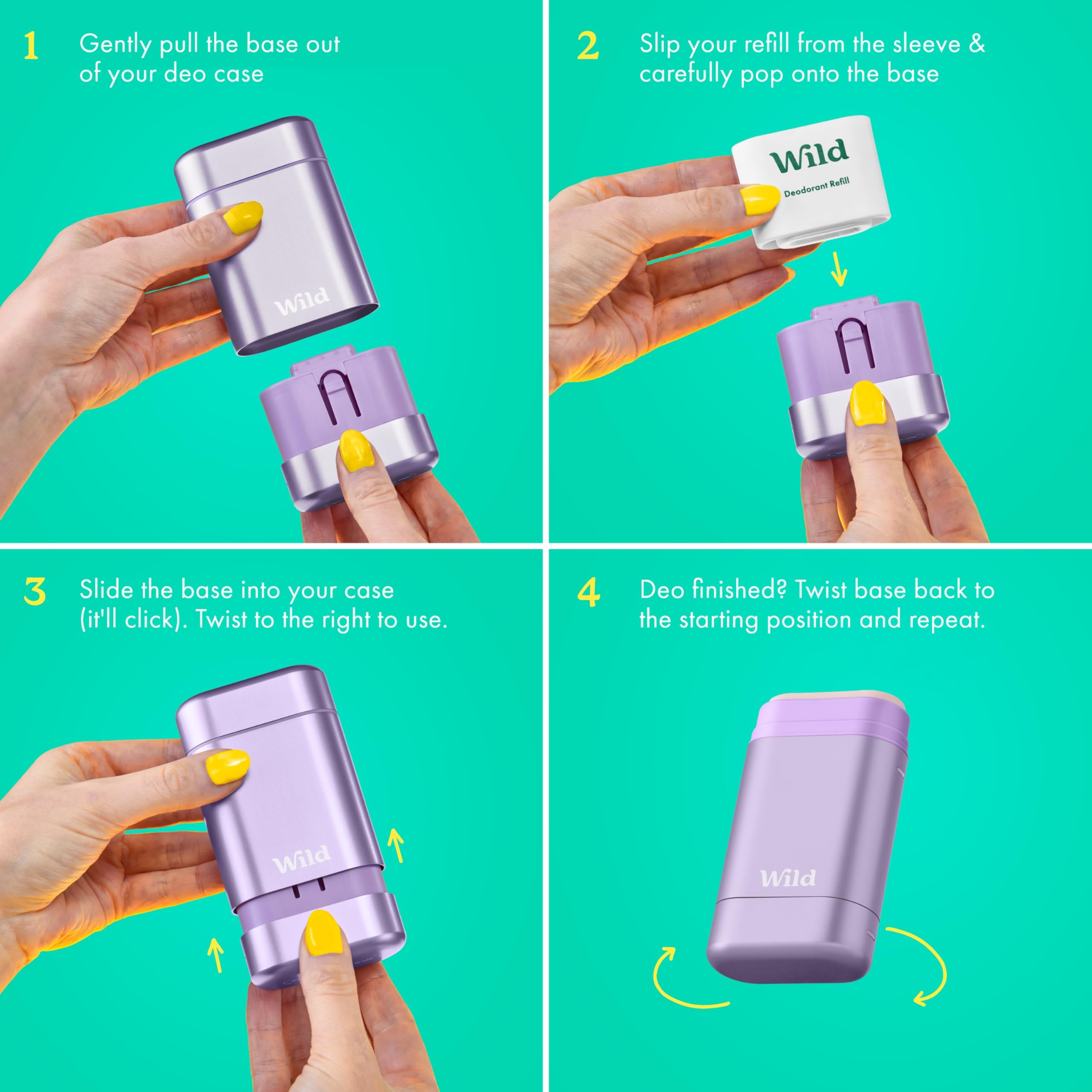 Wild - Purple Case with Refill Variety Pack - Refillable Deodorant - Aluminum Free - Includes Fresh Cotton & Sea Salt, Cherry Blossom and Coconut & Vanilla Scents - Vegan