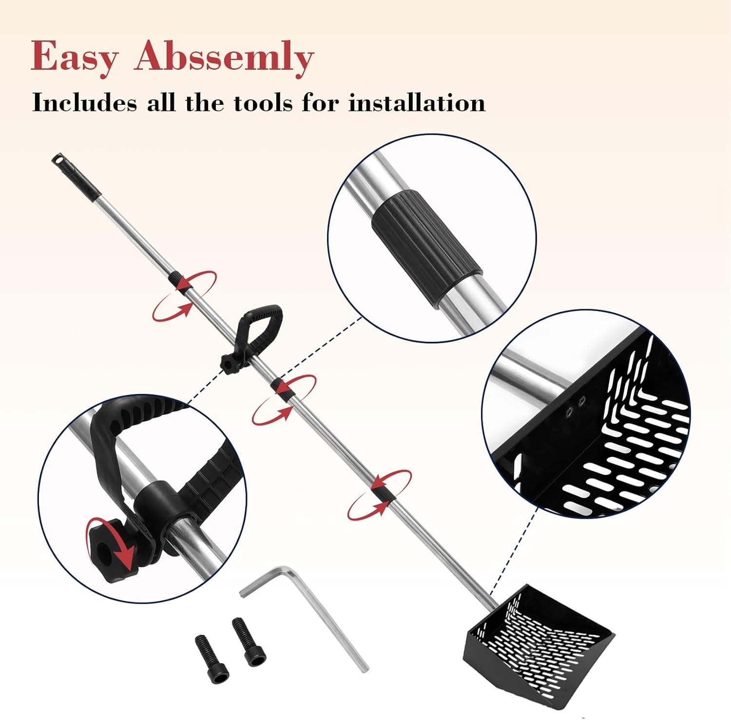 Chicken Poop Scooper and Rack 2-in-1 10'' Metal Coop with 35" to 61" Adjustable Handle, Litter Sifting Shovel Cleaning Tools for Chicken Coop Run,Chicken Coops and Animals House