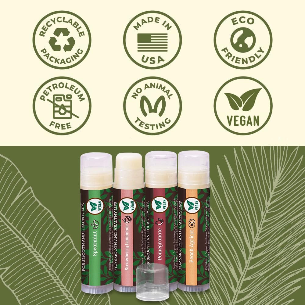 Earth's Daughter USDA Organic Lip Balm 6-Pack - Fruit Flavors, Beeswax, Coconut Oil, Vitamin E - Best Lip Repair Chapstick for Dry Cracked Lips - Moisturizing Lip Care