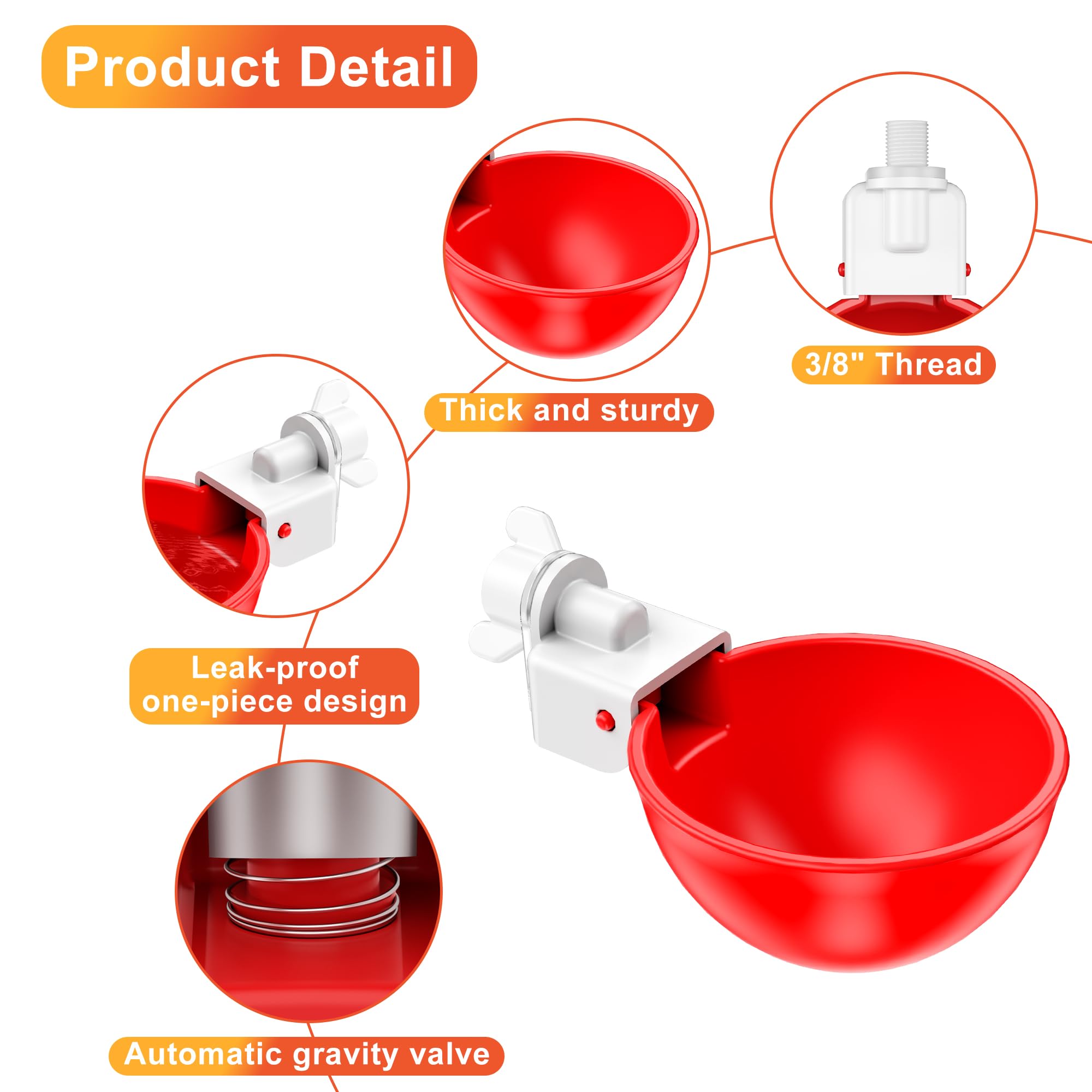 Chicken Waterer Cups, 6 Pack Automatic DIY Chicken Water Cups with 3/8'' Hole Saw