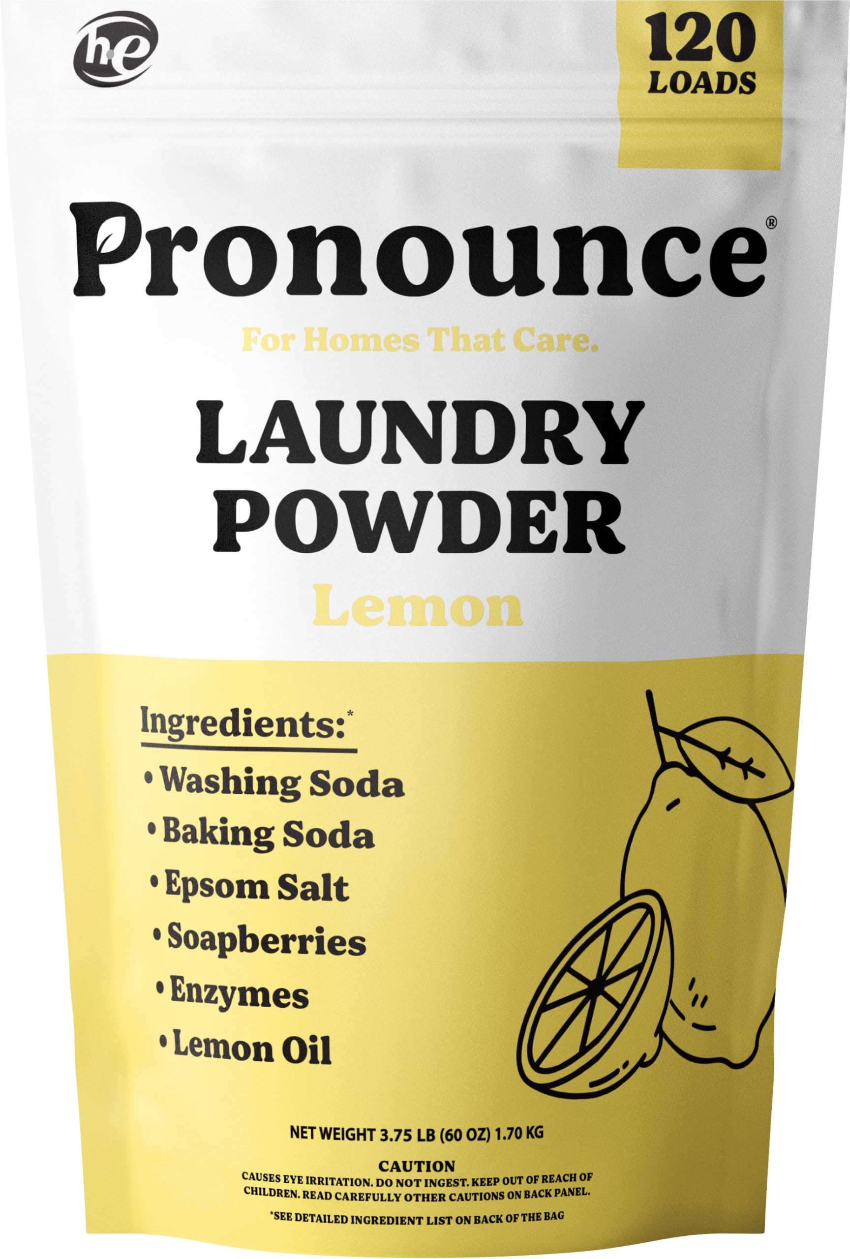 Pronounce Laundry Detergent Powder Alternative | Cleaner Ingredients. Safer for Sensitive Skin. Stain + Smell Fighting. With Essential Oils. HE Safe - 120 Loads (Lemon).