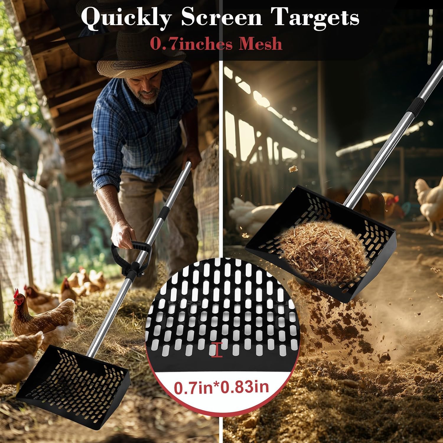 Chicken Poop Scooper and Rack 2-in-1 10'' Metal Coop with 35" to 61" Adjustable Handle, Litter Sifting Shovel Cleaning Tools for Chicken Coop Run,Chicken Coops and Animals House