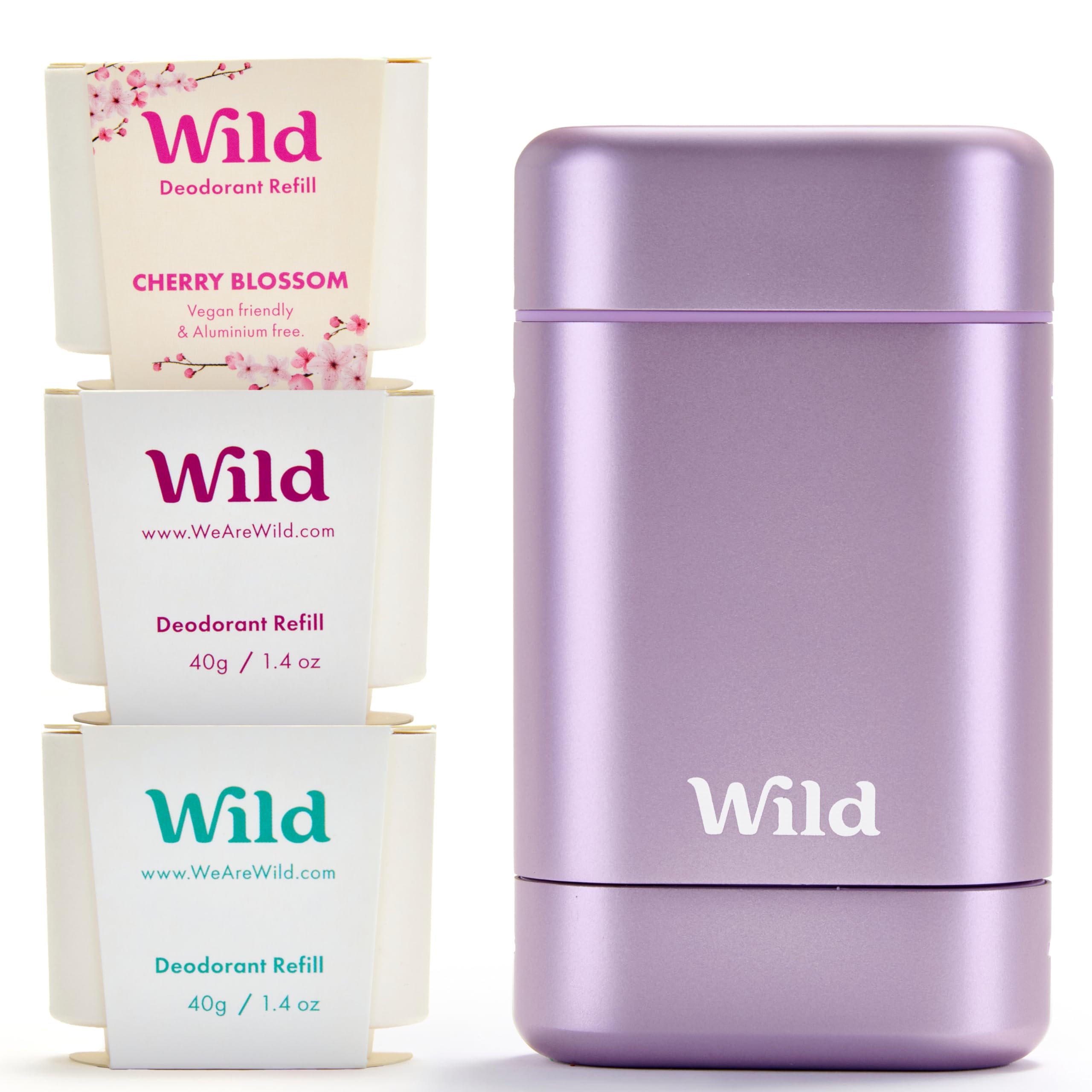 Wild - Purple Case with Refill Variety Pack - Refillable Deodorant - Aluminum Free - Includes Fresh Cotton & Sea Salt, Cherry Blossom and Coconut & Vanilla Scents - Vegan