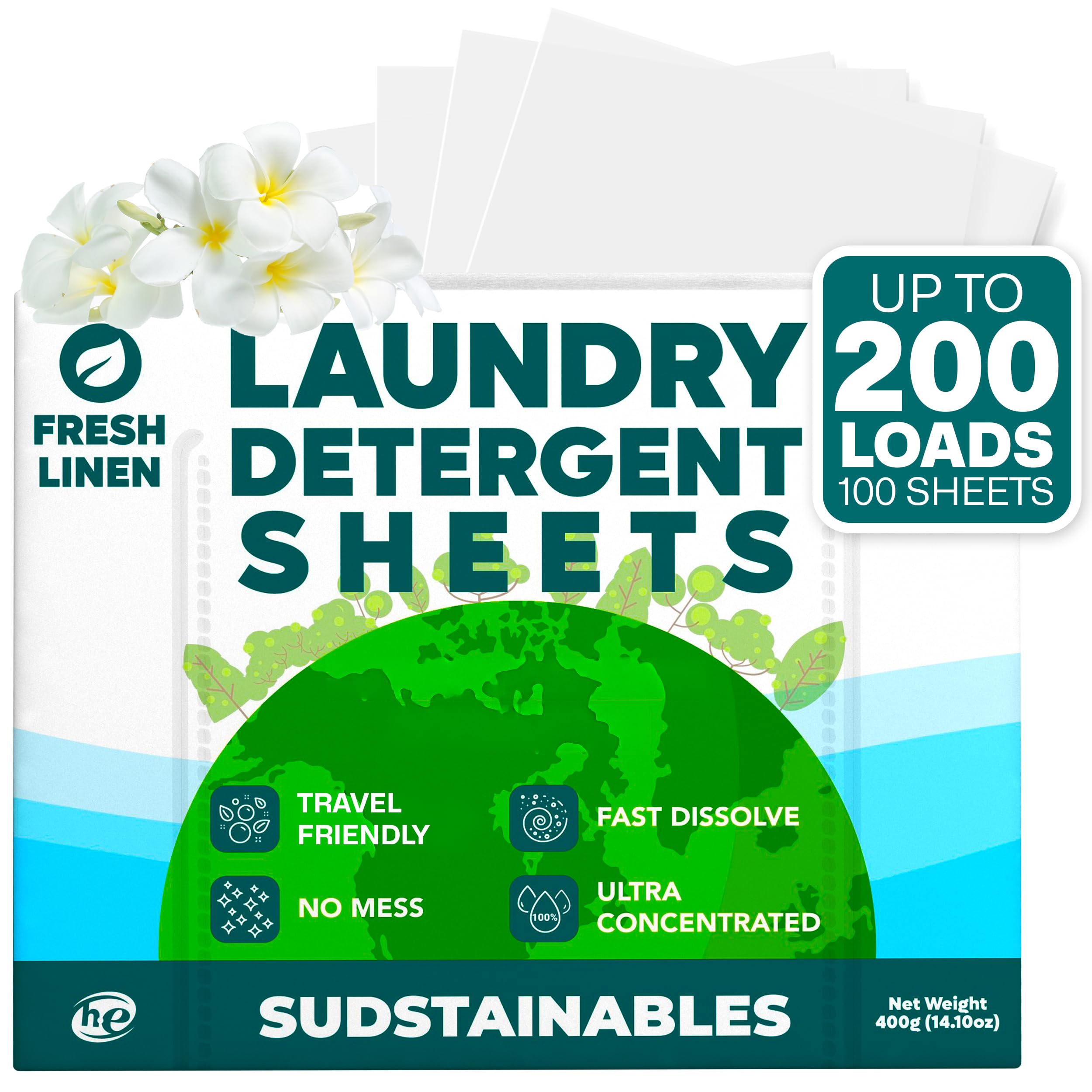 Sudstainables Laundry Detergent Sheets 200 Loads – Dissolvable Laundry Sheet for Washing Machines, Compact Alternative to Liquid & Powder Detergent, Travel-Friendly Soap | Fresh Linen