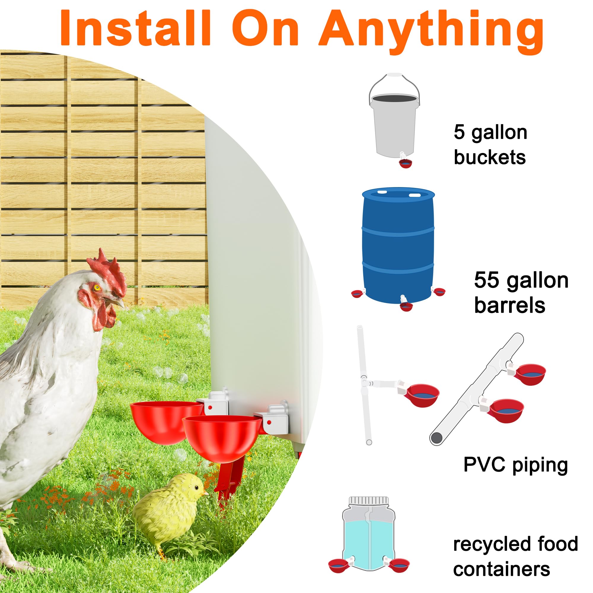 Chicken Waterer Cups, 6 Pack Automatic DIY Chicken Water Cups with 3/8'' Hole Saw