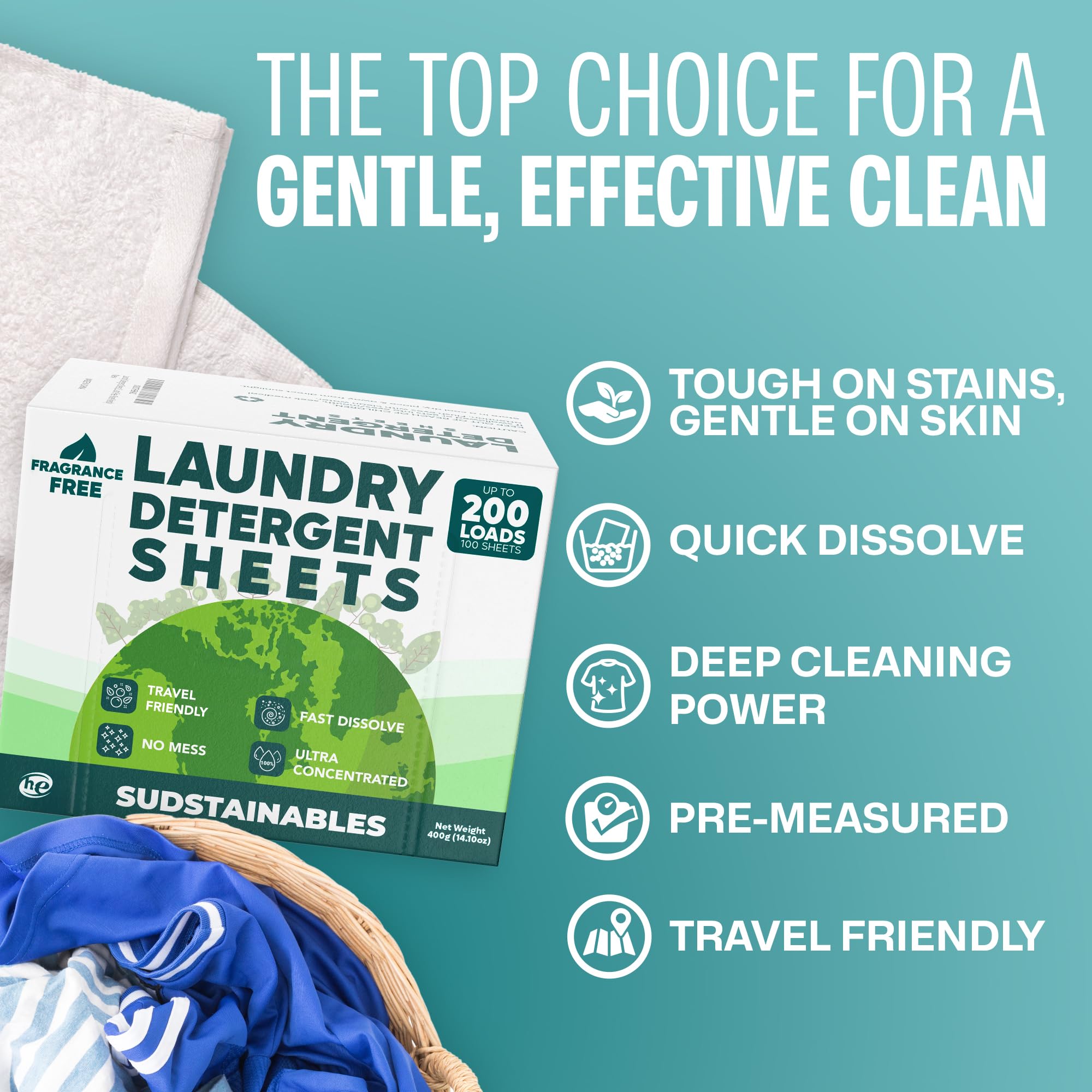 Sudstainables Laundry Detergent Sheets 200 Loads – Dissolvable Laundry Sheet for Washing Machines, Compact Alternative to Liquid & Powder Detergent, Travel-Friendly Soap | Fresh Linen