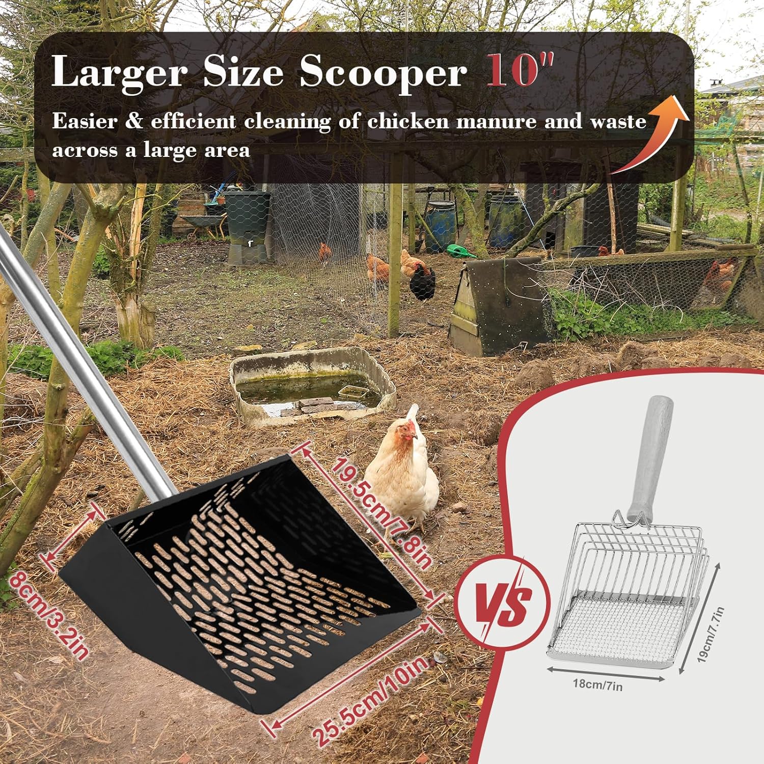 Chicken Poop Scooper and Rack 2-in-1 10'' Metal Coop with 35" to 61" Adjustable Handle, Litter Sifting Shovel Cleaning Tools for Chicken Coop Run,Chicken Coops and Animals House
