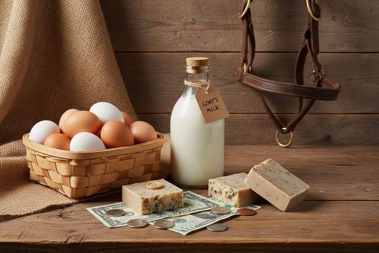 I need eggs, goats milk, goat soap, money and a horse halter in a cute rustic picture